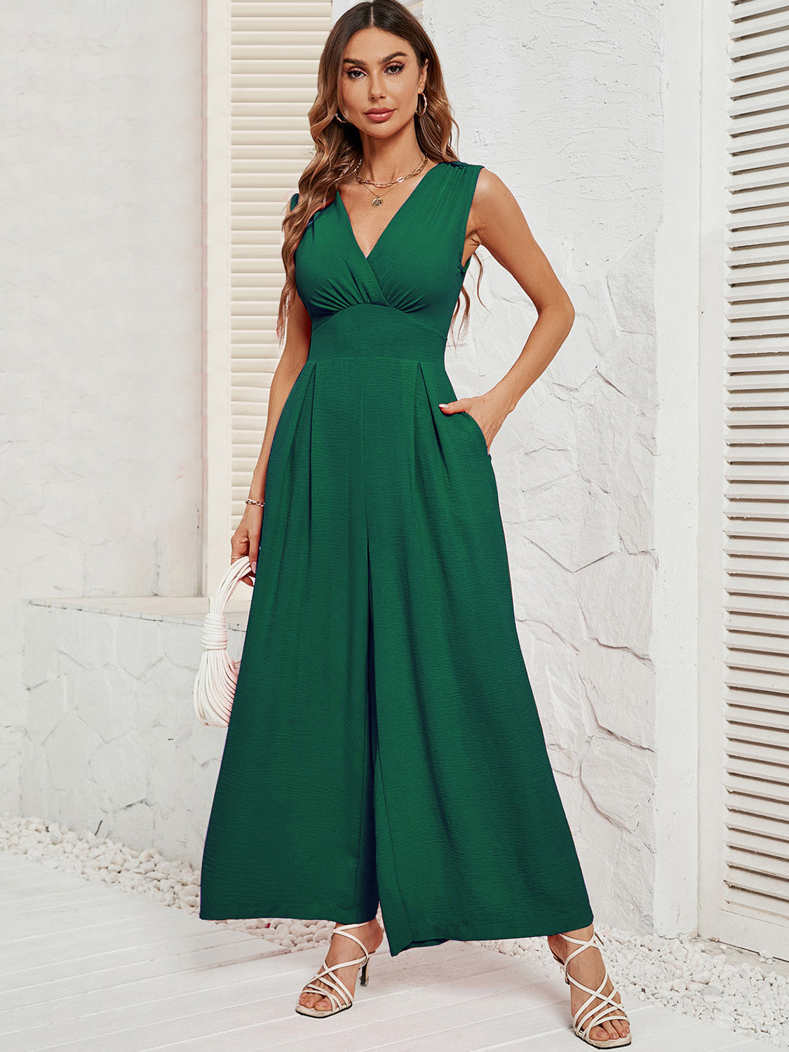 Sunset and Swim  Surplice Wide Strap Jumpsuit with Pockets Sunset and Swim Green S 