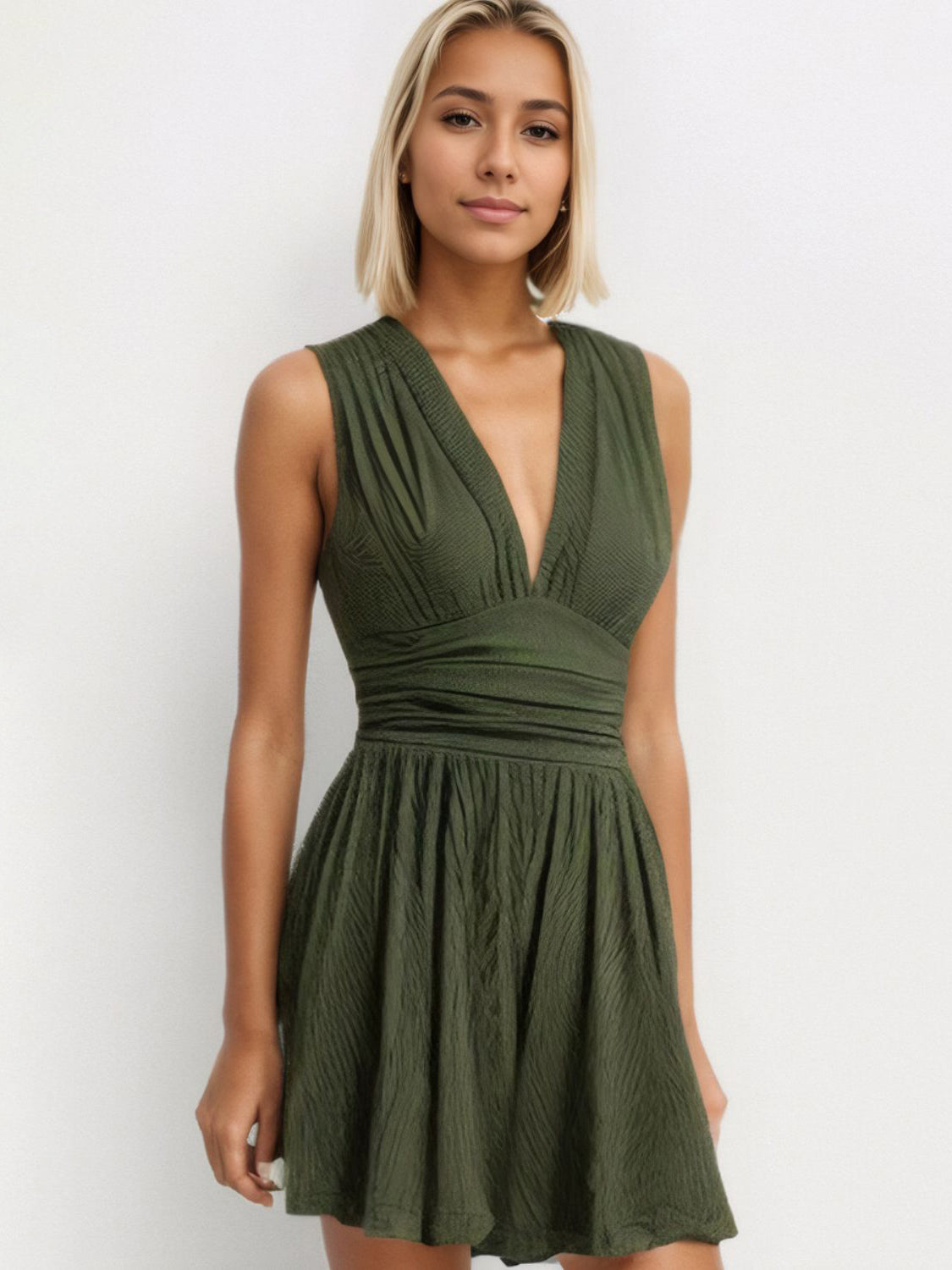 Ruched Plunge Sleeveless Romper Sunset and Swim Army Green S 