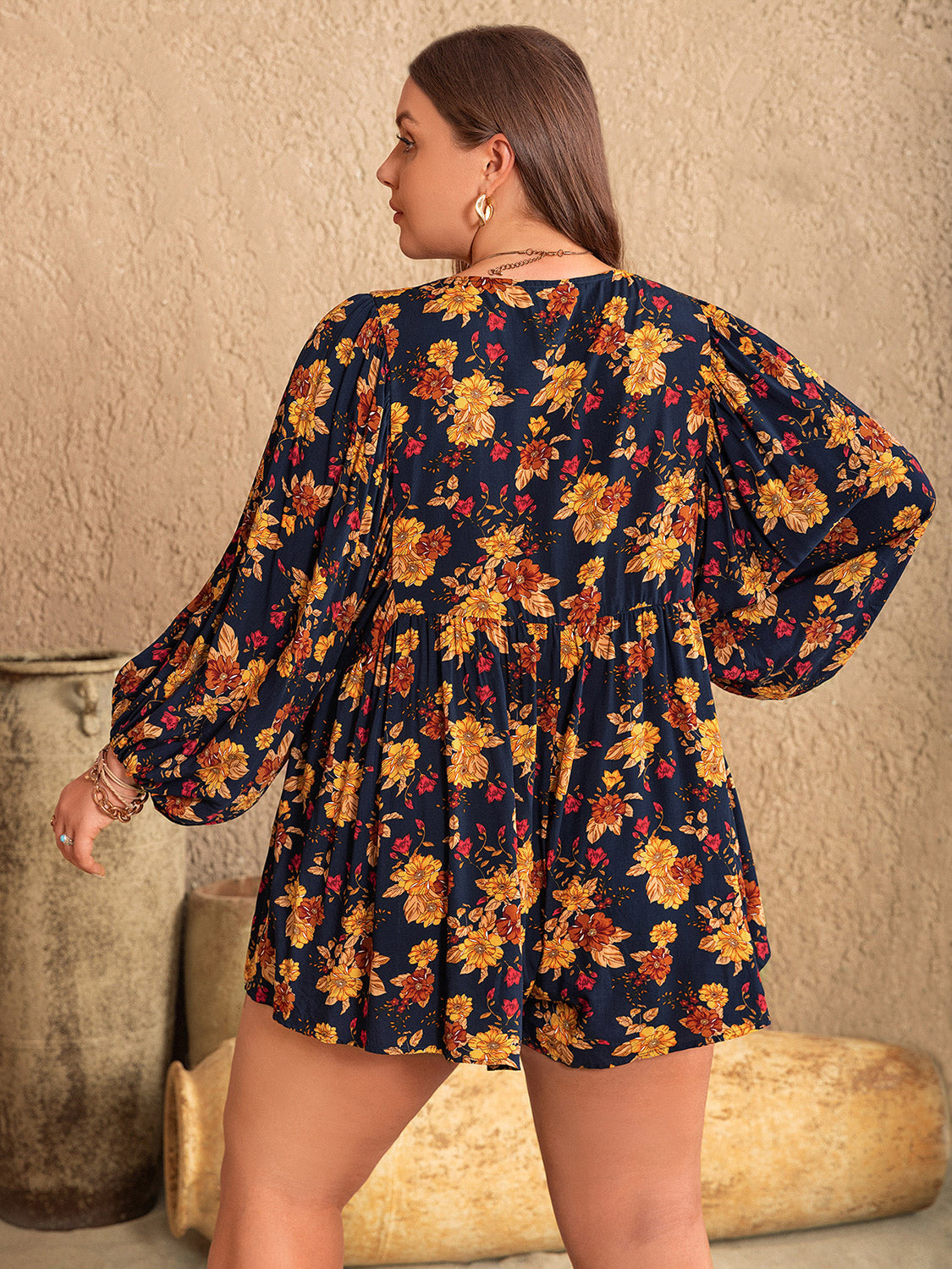 Plus Size Floral Tie Neck Balloon Sleeve Romper Sunset and Swim   
