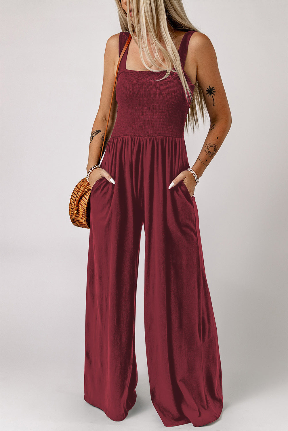 Smocked Square Neck Wide Leg Jumpsuit with Pockets Sunset and Swim Wine S 