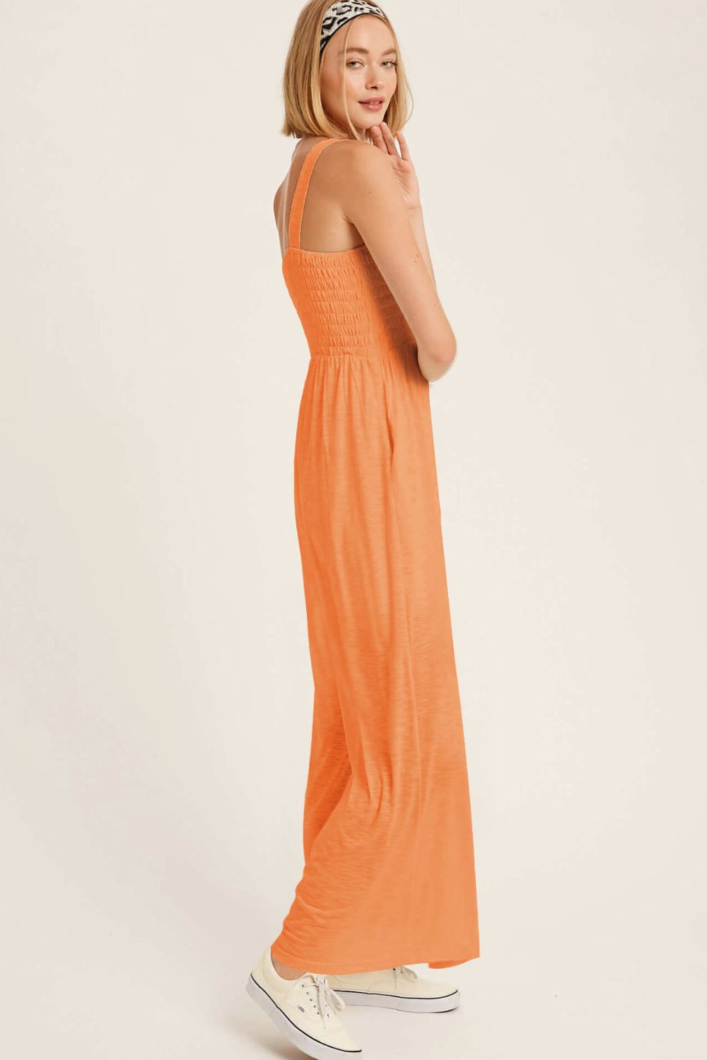 Smocked Square Neck Wide Leg Jumpsuit with Pockets Sunset and Swim   