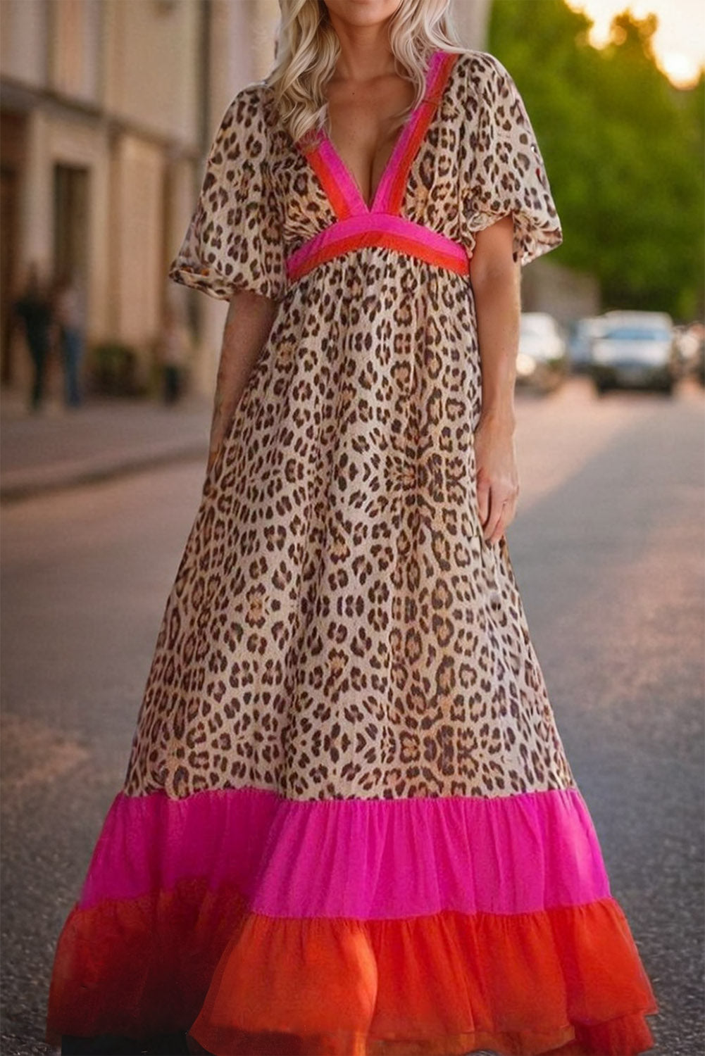 Full Size Leopard V-Neck Half Sleeve Maxi Dress Sunset and Swim Leopard S 