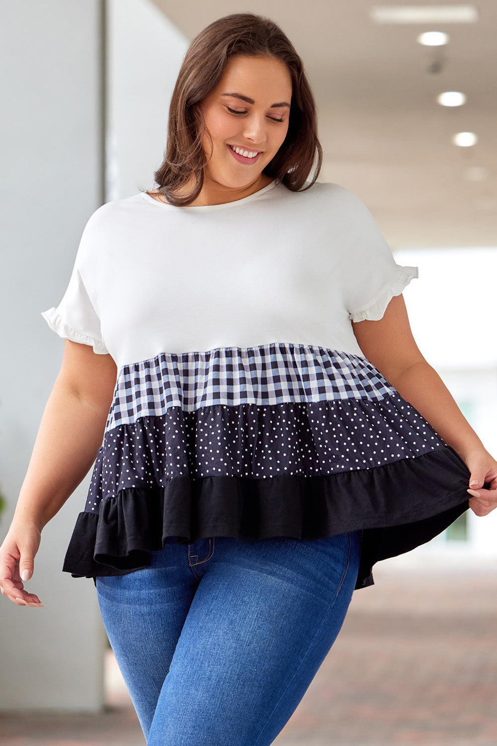Plus Size Plaid Color Block Tiered Blouse  Sunset and Swim   