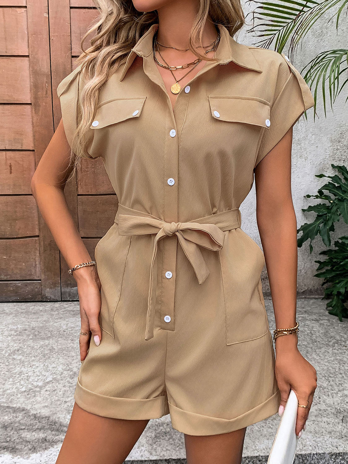 Collared Neck Tie Waist Romper with Pockets Sunset and Swim   
