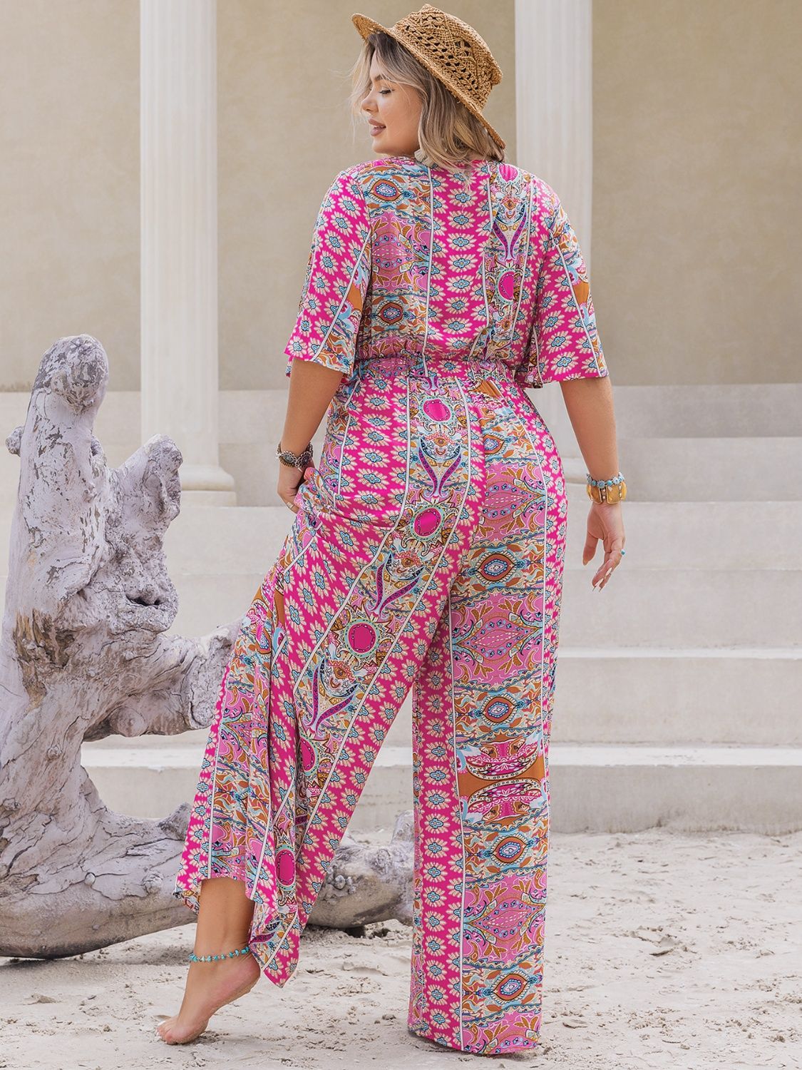 Sunset Vacation Plus Size Printed Half Sleeve Wide Leg Jumpsuit Sunset and Swim   