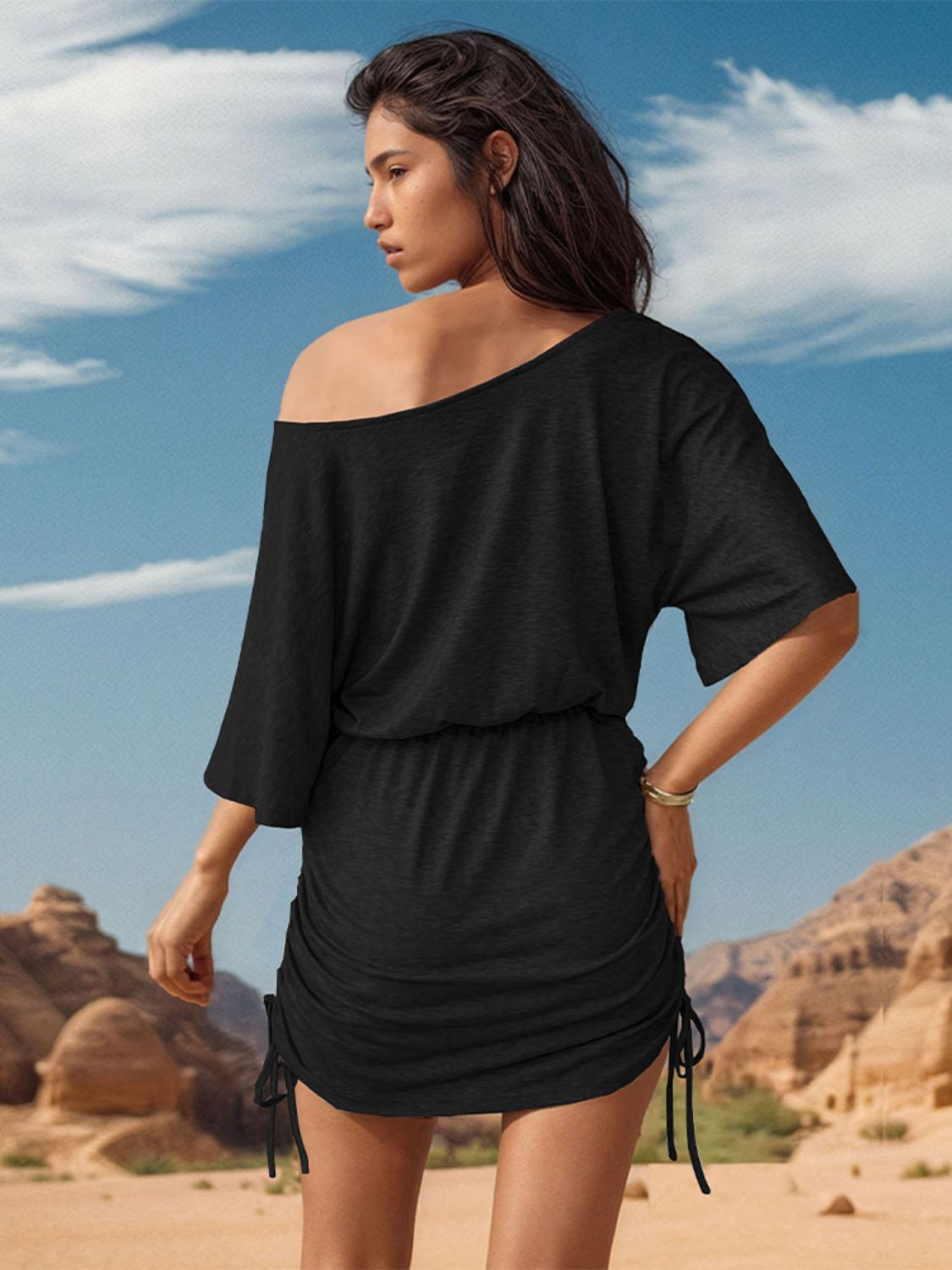 Sunset and Swim  Drawstring One Shoulder Three-Quarter Sleeve Mini Dress Sunset and Swim   