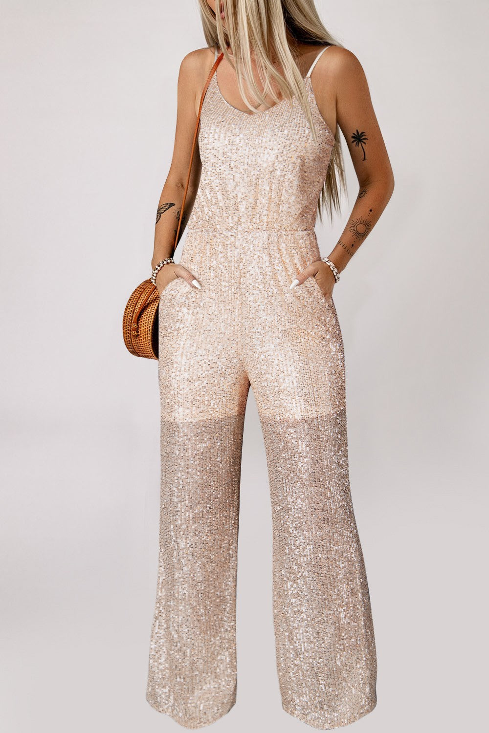 Sunset and Swim  Sequin Spaghetti Strap Wide Leg Jumpsuit Sunset and Swim Gold S 