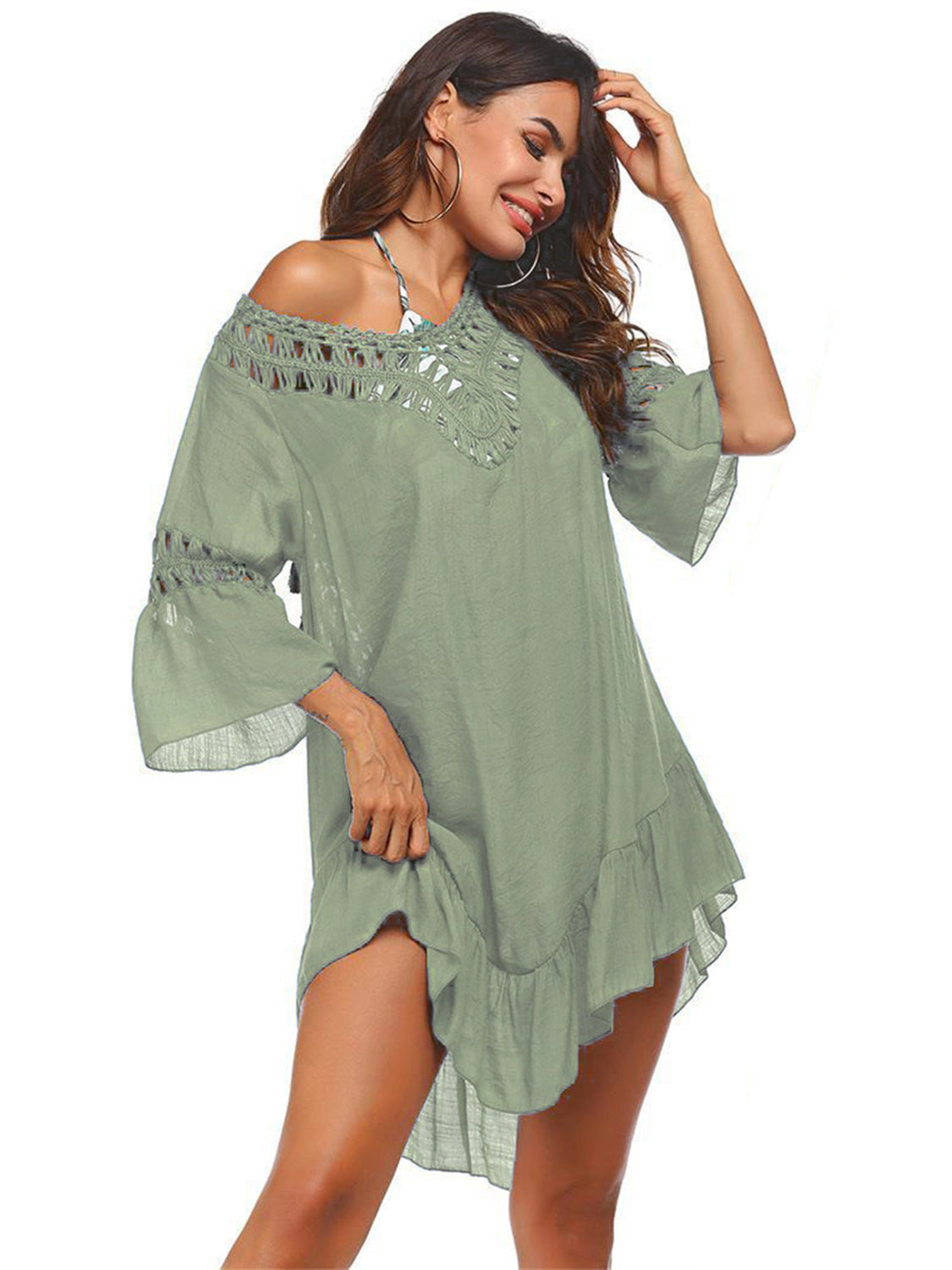Sunset Vacation  Backless Cutout Three-Quarter Sleeve Cover Up  Sunset and Swim   