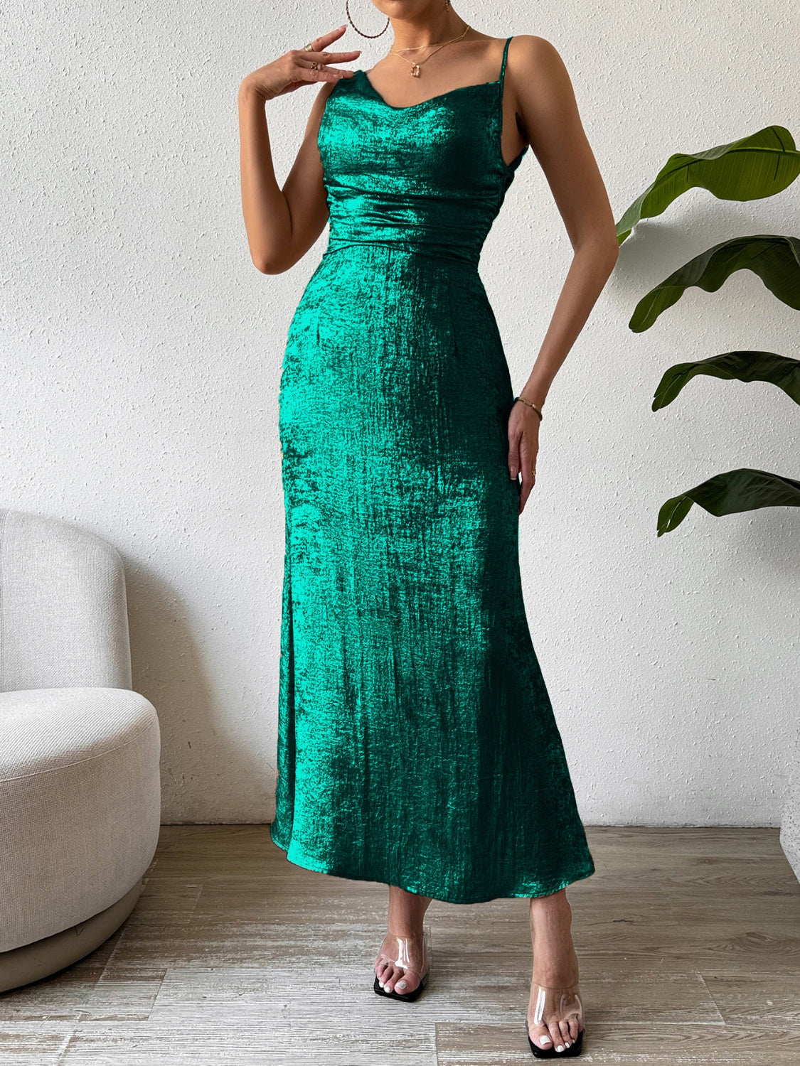 Asymmetric Neck Sleeveless Midi Dress Sunset and Swim Dark Green S 