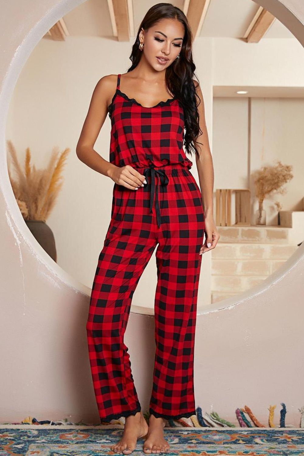 Sunset and Swim Plaid Lace Trim Spaghetti Strap Jumpsuit Sunset and Swim   