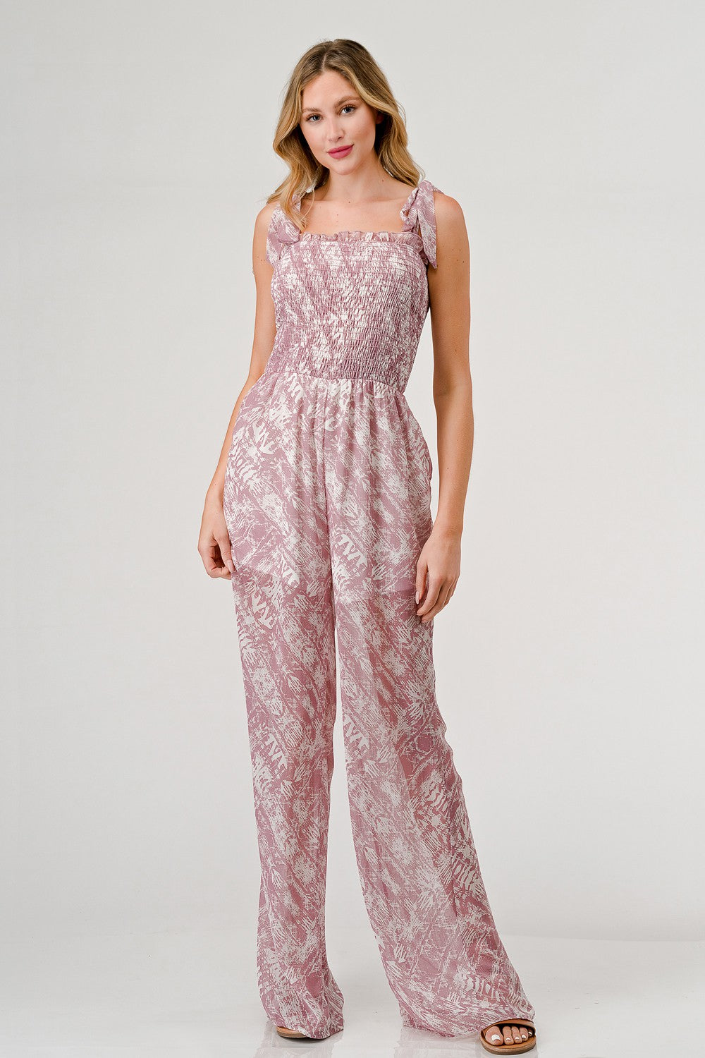 Sunset and Swim  Printed Tie Shoulder Wide Leg Jumpsuit Sunset and Swim Mauve S 