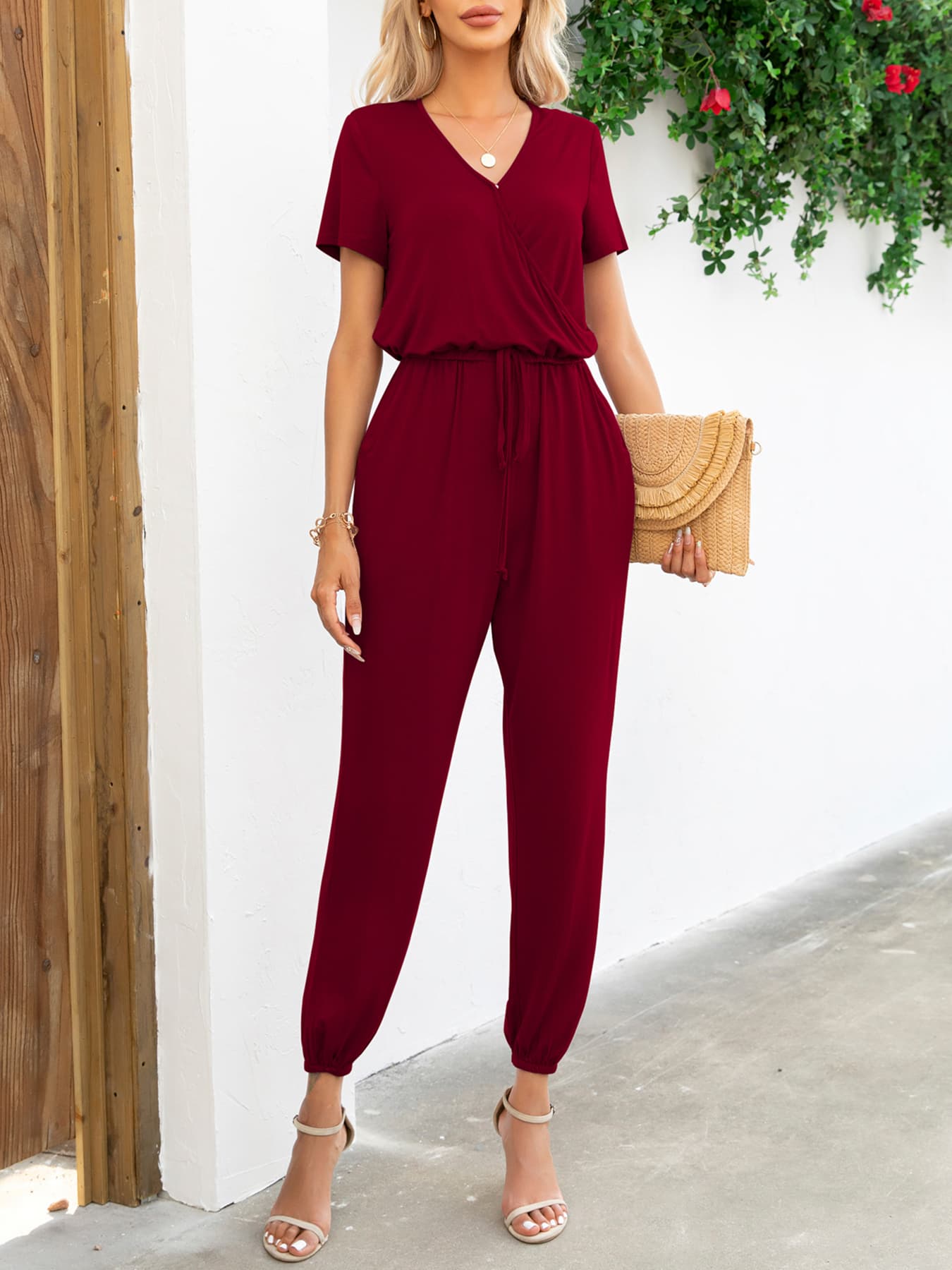 Short Sleeve V-Neck Jumpsuit with Pockets Sunset and Swim Deep Red S 