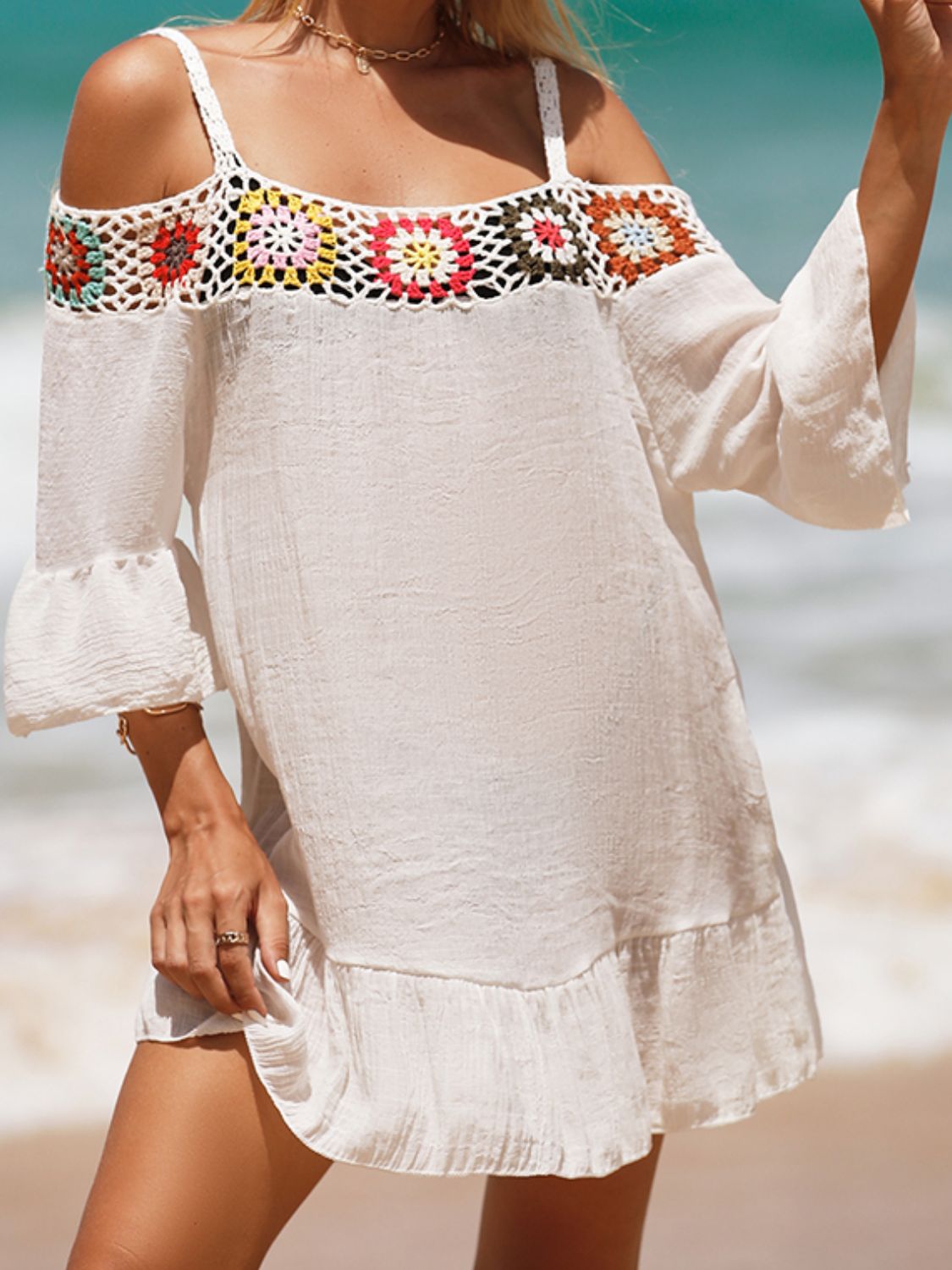 Sunset Vacation  Crochet Cold Shoulder Three-Quarter Sleeve Beach Cover Up Sunset and Swim   