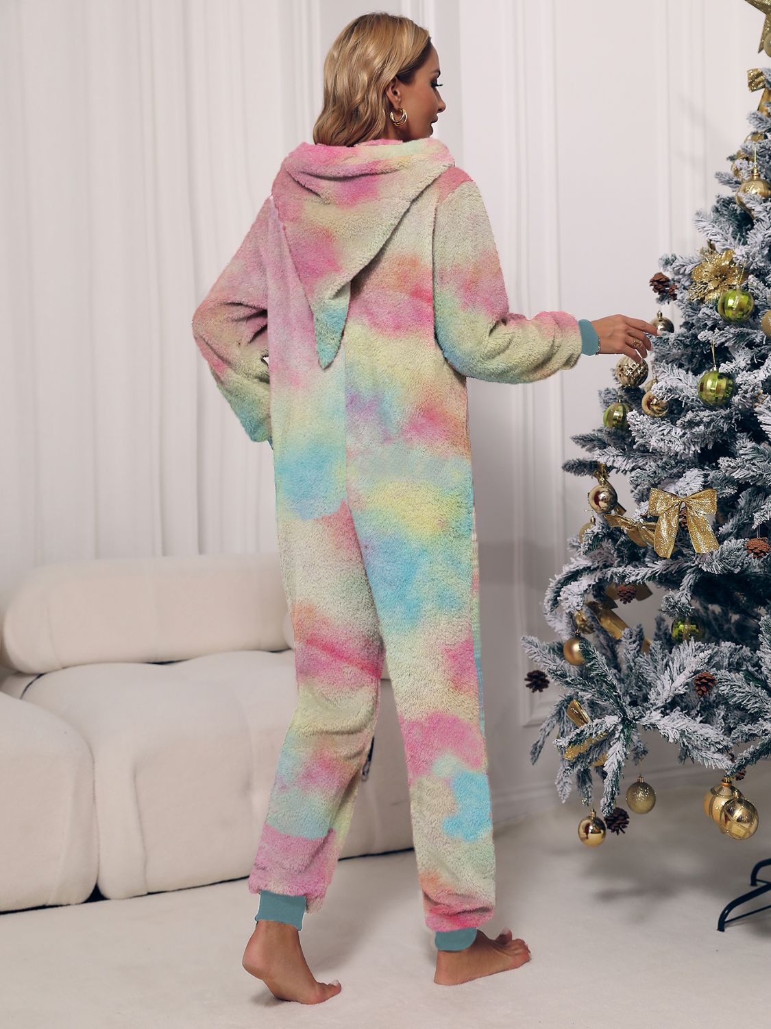 Zip Front Long Sleeve Hooded Teddy Lounge Jumpsuit Sunset and Swim   