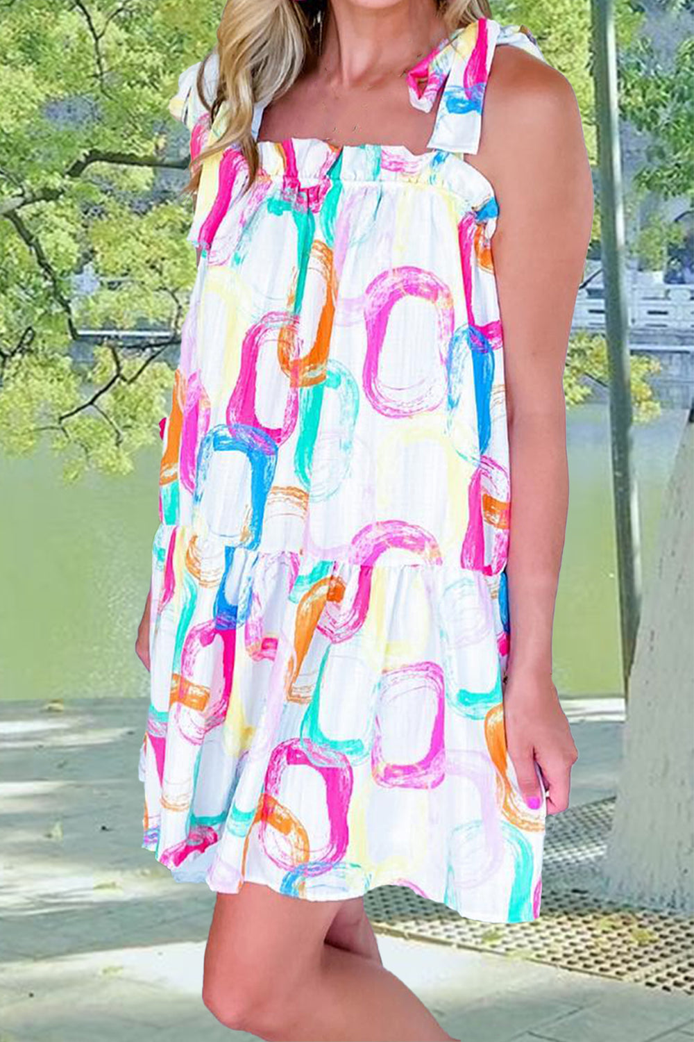 Sunset Vacation Tied Printed Sleeveless Mini Dress Sunset and Swim White S 