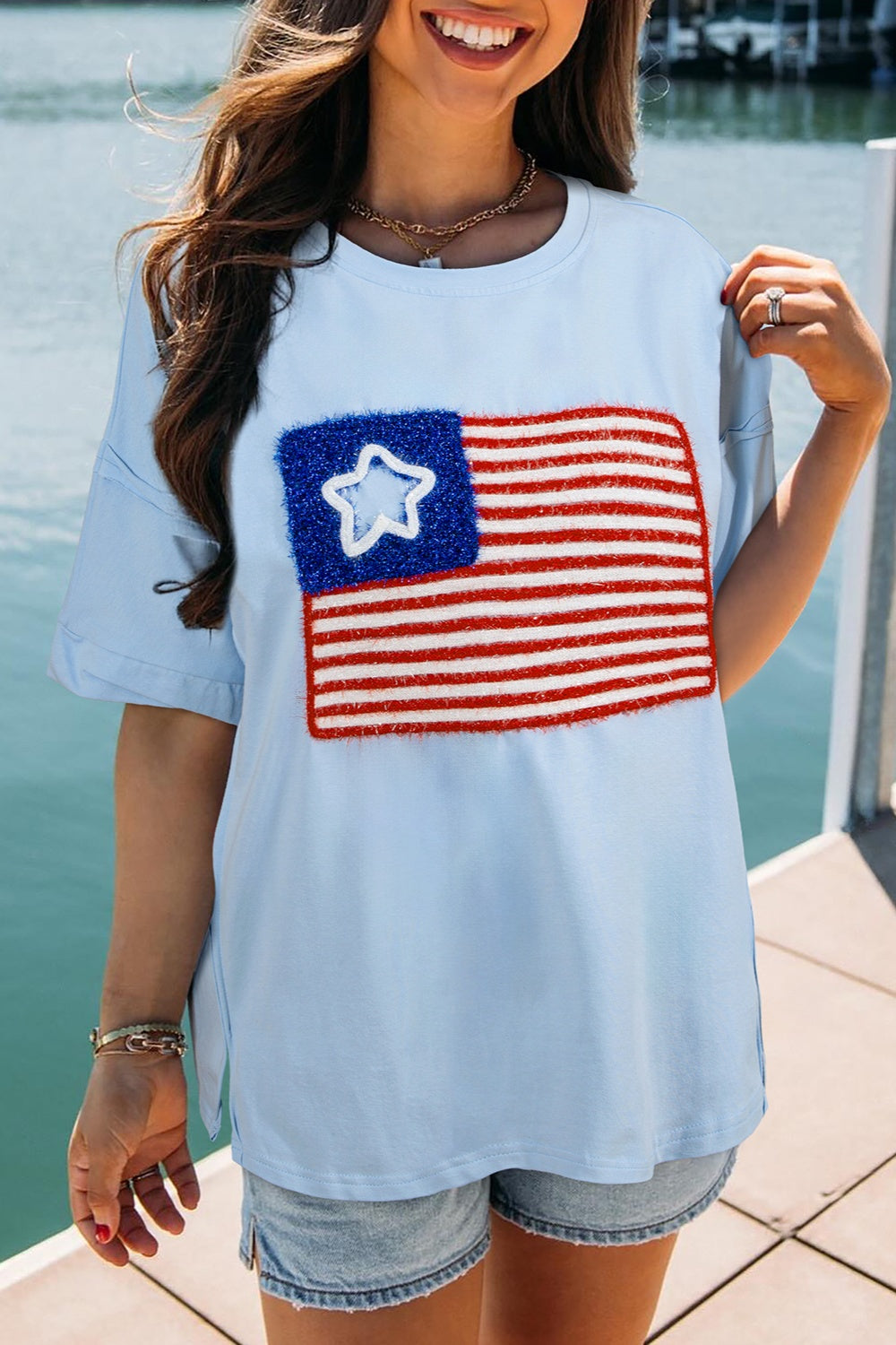 US Flag Round Neck Short Sleeve T-Shirt Sunset and Swim Light Blue S 