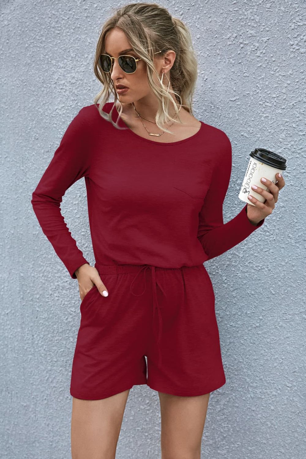 Drawstring Waist Long Sleeve Romper Sunset and Swim Wine S 