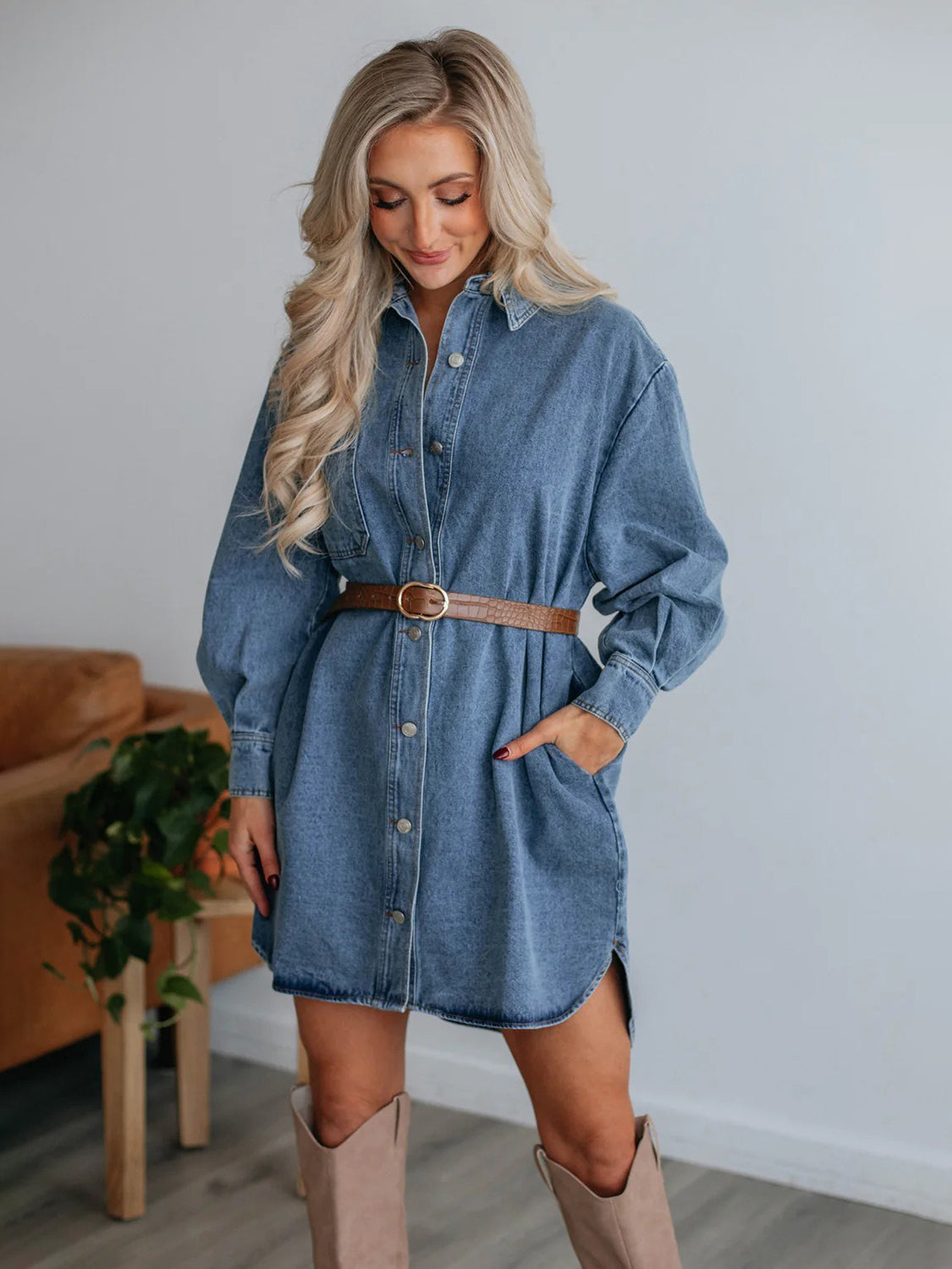 Button Up Collared Neck Long Sleeve Denim Dress Sunset and Swim Medium S 