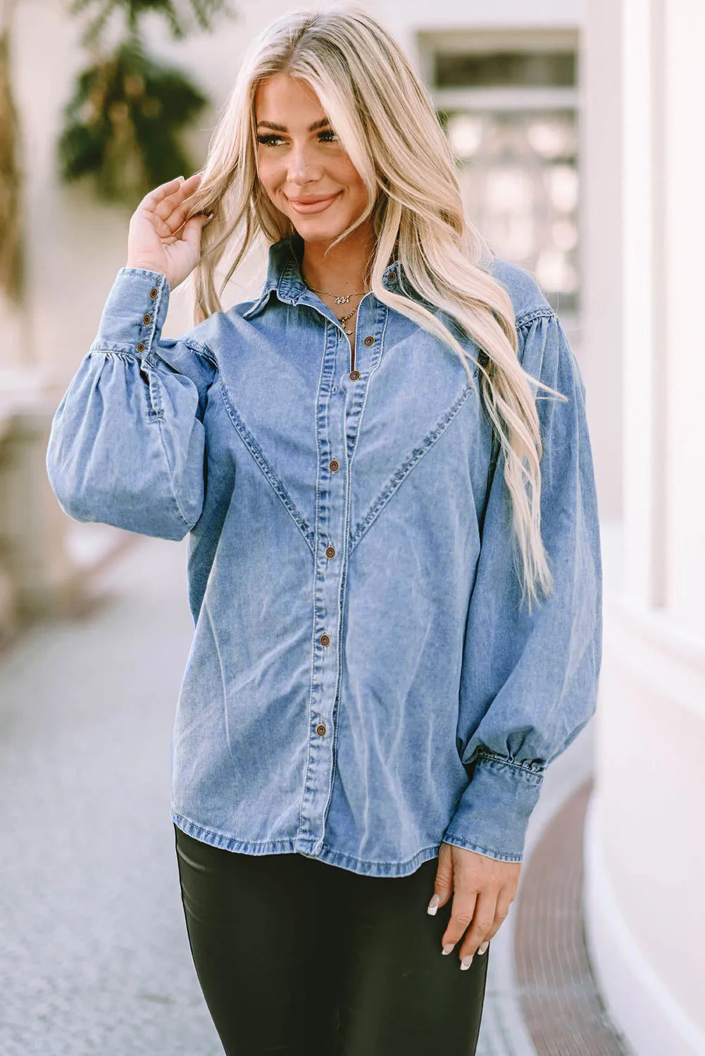 Collared Neck Lantern Sleeve Denim Top Sunset and Swim   