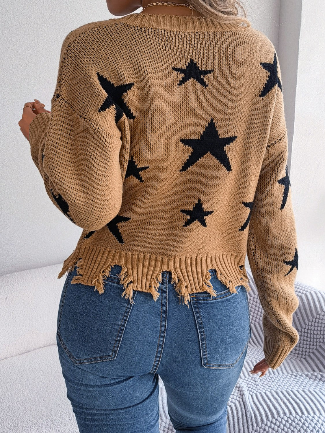 Star Pattern Distressed V-Neck Cropped Sweater Sunset and Swim   