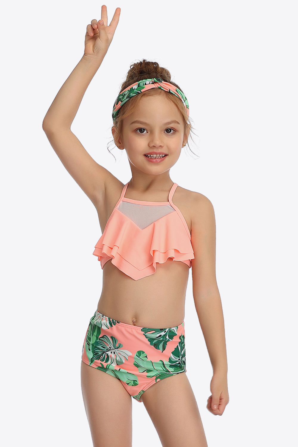 Sunset Vacation  Botanical Print Ruffled Two-Piece Swim Set I Kids Swimwear  Sunset and Swim Coral 4T 