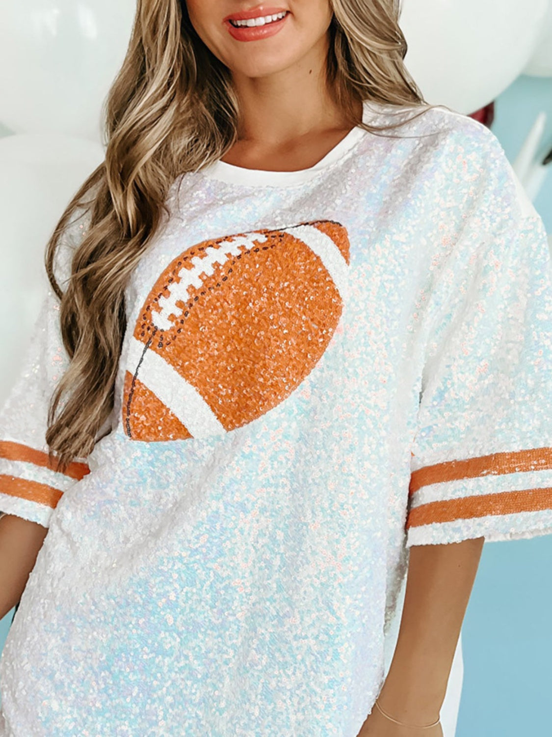 Sequin Football Round Neck Half Sleeve Oversize Top Sunset and Swim   