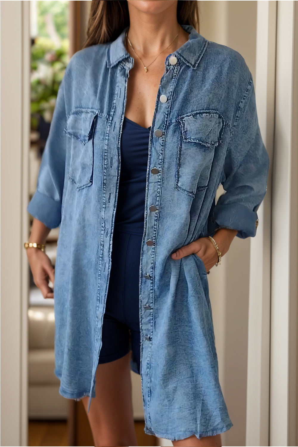 Full Size Pocketed Button Up Long Sleeve Denim Jacket Sunset and Swim   