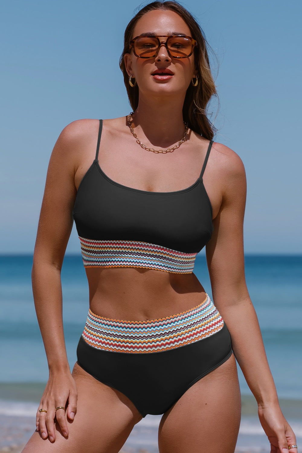 Sunset Vacation  Scoop Neck Spaghetti Strap Two-Piece Swim Set Sunset and Swim Black S 