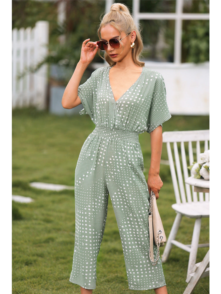 Polka Dot Surplice Neck Jumpsuit with Pockets Sunset and Swim   