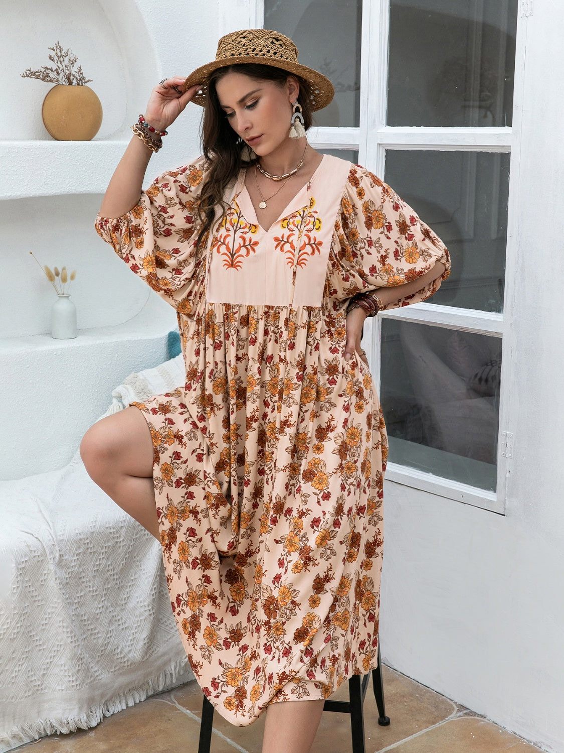 Plus Size Printed Tie Neck Half Sleeve Midi Dress Sunset and Swim   