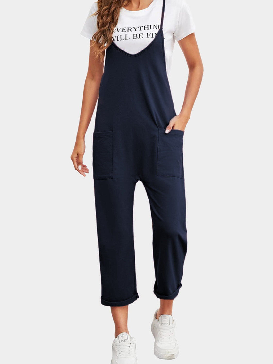 Full Size Spaghetti Strap Straight Leg Jumpsuit with Pockets  Sunset and Swim Navy S 