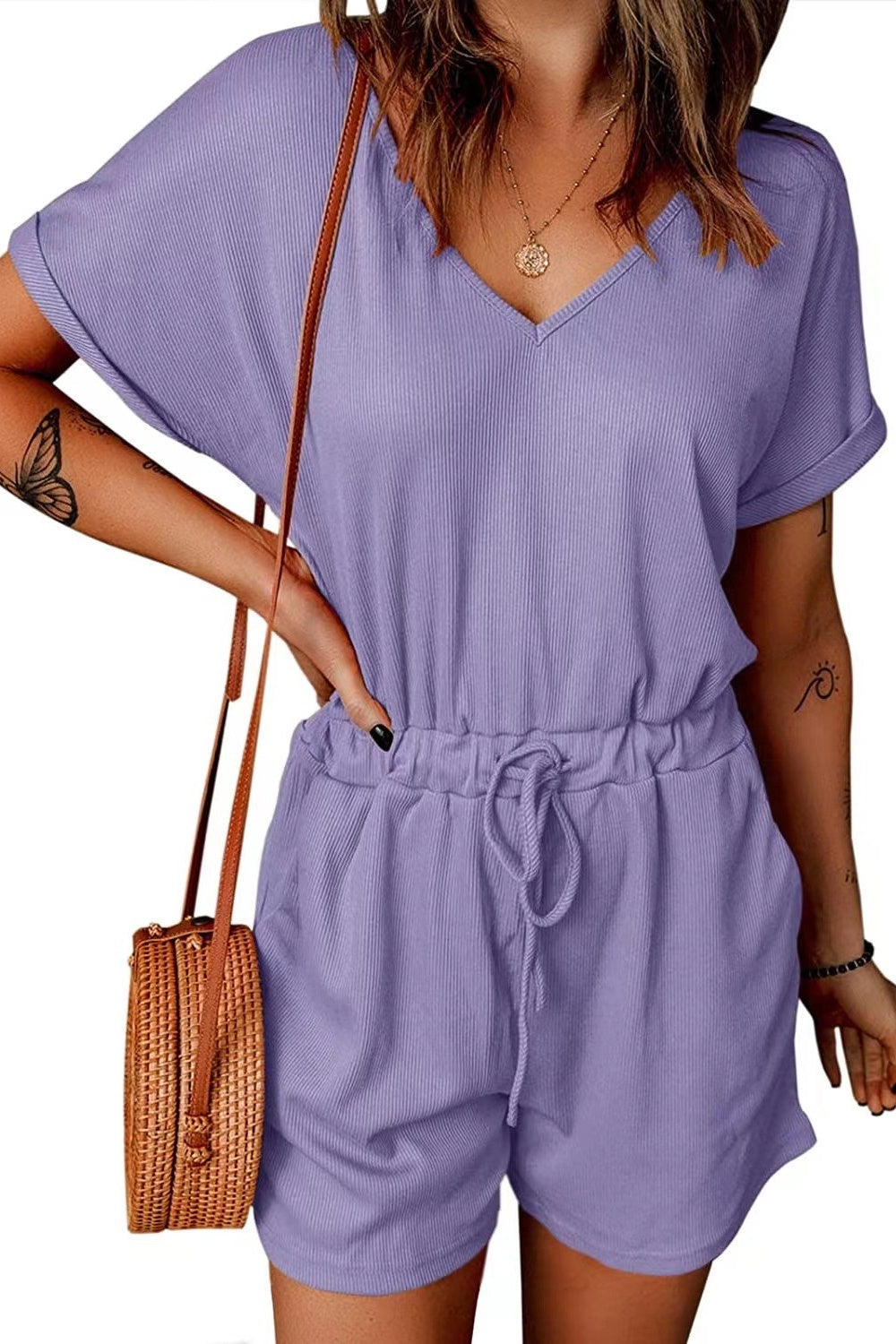 Plus Size Drawstring V-Neck Short Sleeve Romper Sunset and Swim   