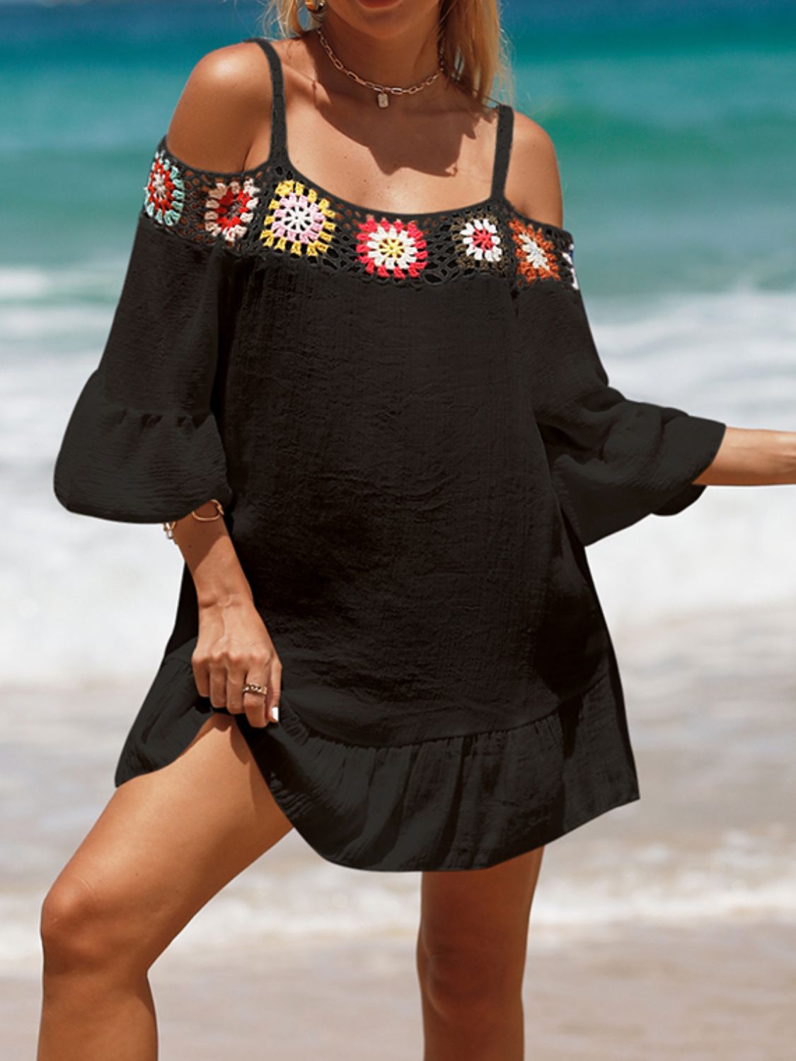 Sunset Vacation  Crochet Cold Shoulder Three-Quarter Sleeve Beach Cover Up Sunset and Swim Black One Size 