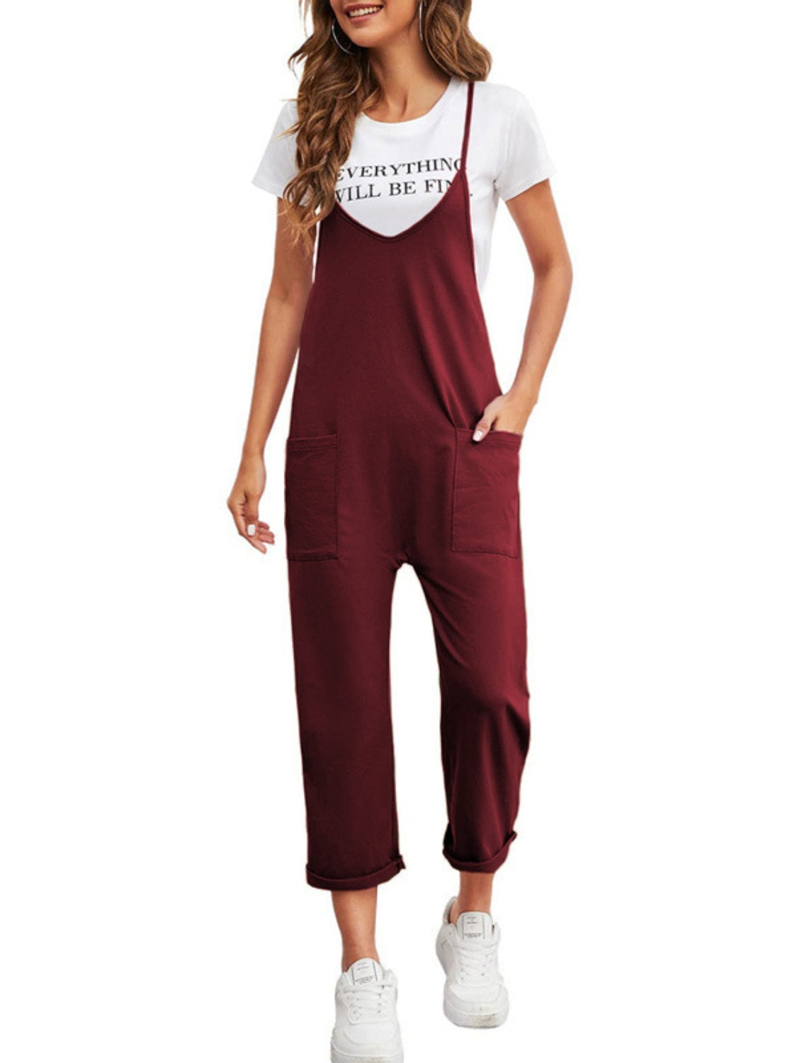 Full Size Spaghetti Strap Straight Leg Jumpsuit with Pockets  Sunset and Swim Deep Red S 