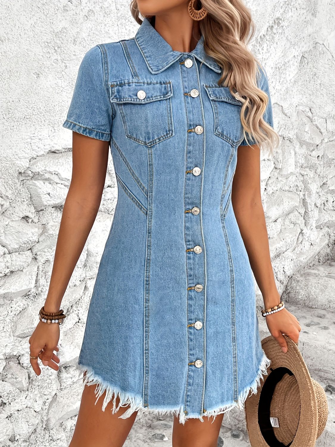 Raw Hem Button Up Short Sleeve Denim Dress Sunset and Swim   