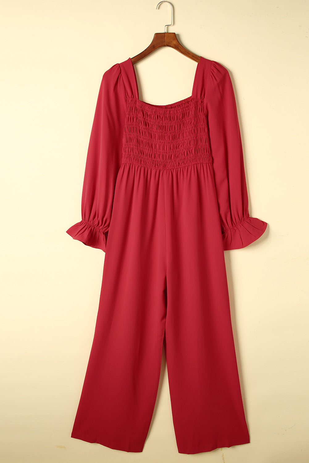 Sunset and Swim Smocked Long Flounce Sleeve Square Neck Jumpsuit Sunset and Swim Deep Red S 