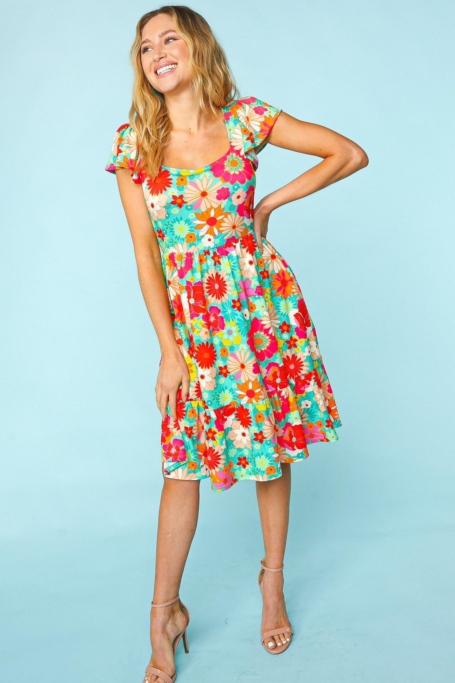 Sunset Vacation Floral Square Neck Short Sleeve Dress Sunset and Swim   
