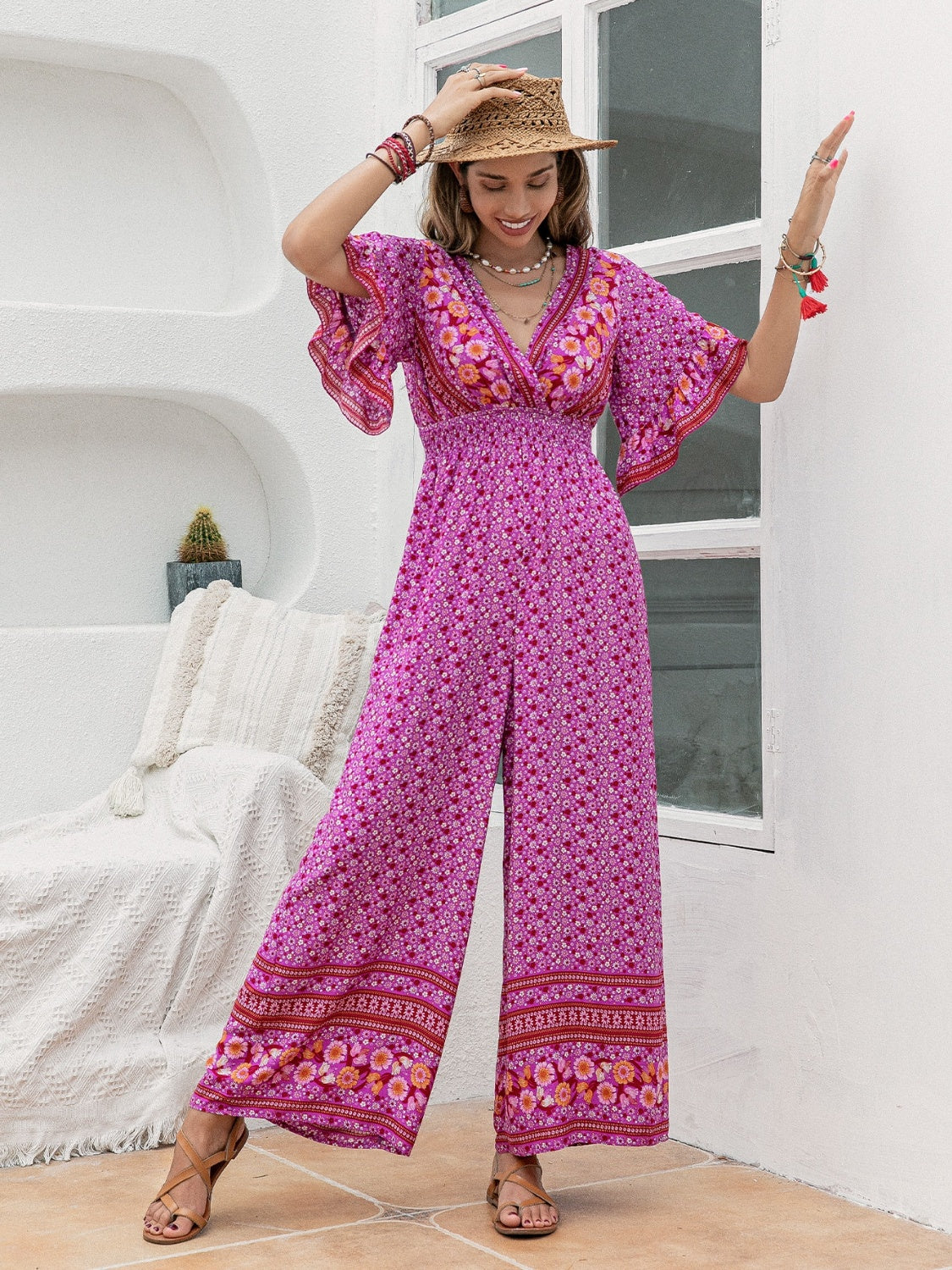 Floral Surplice Flutter Sleeve Jumpsuit Sunset and Swim   