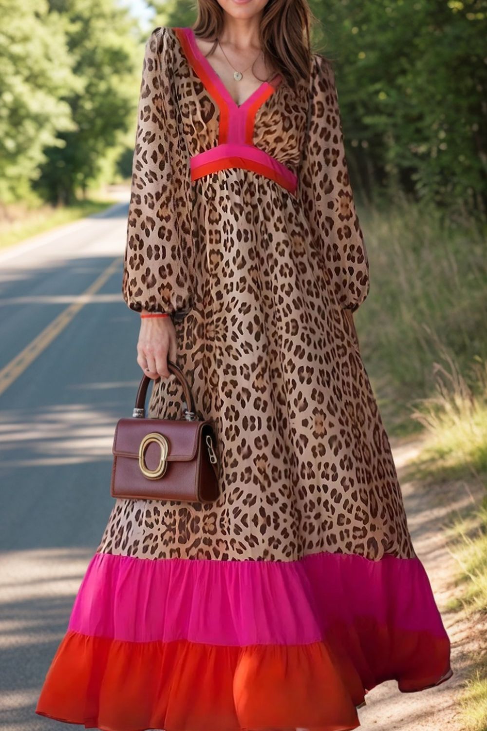 Leopard V-Neck Long Sleeve Maxi Dress Sunset and Swim Leopard S 