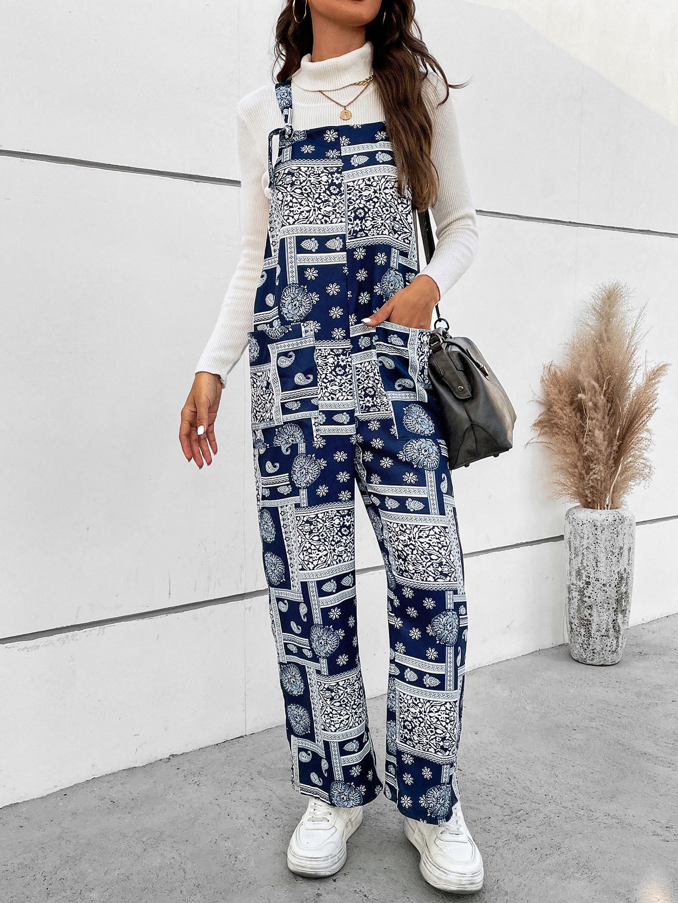 Printed Straight Leg Jumpsuit with Pockets Sunset and Swim Dark Blue S 