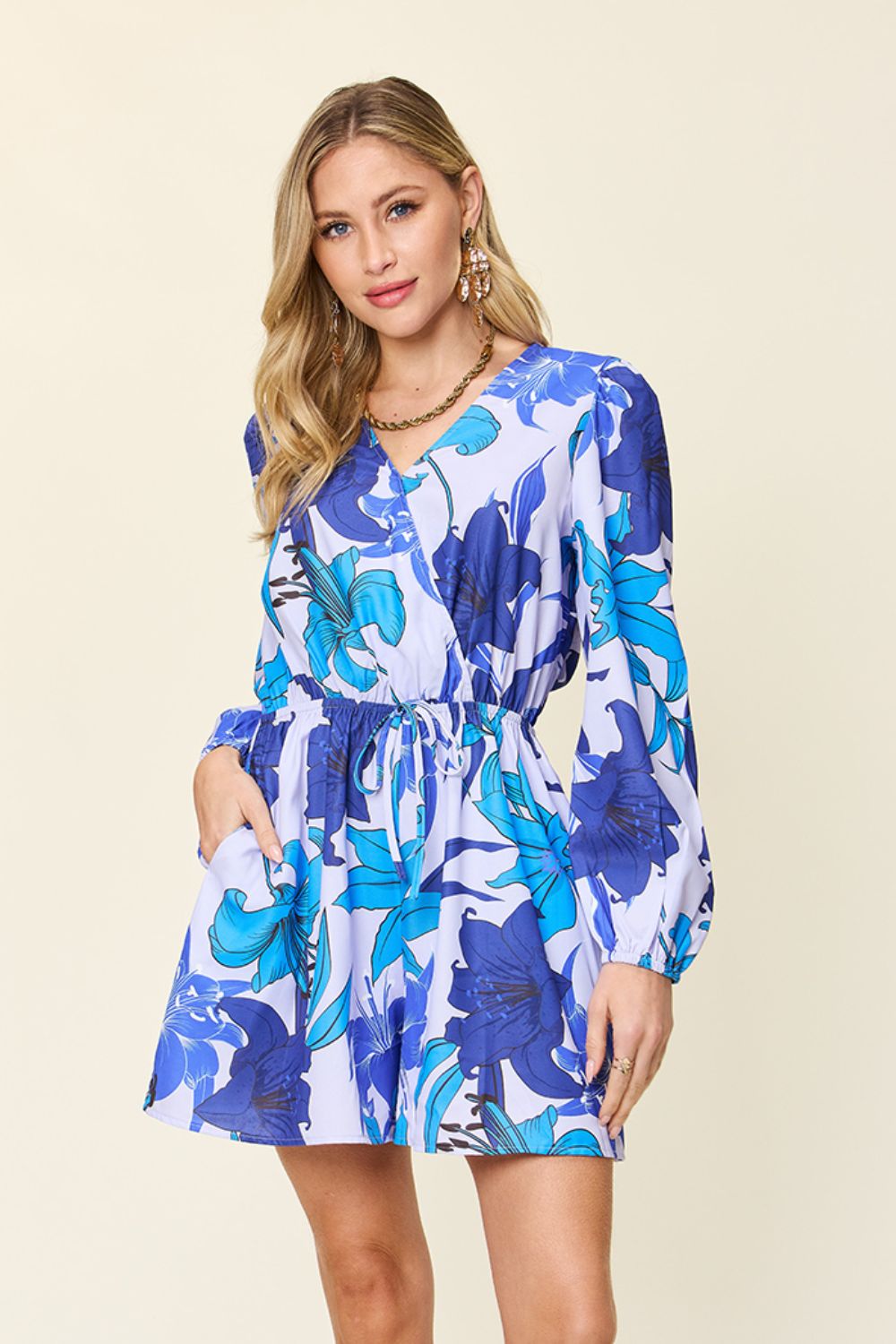 Sunset Vacation  Double Take Full Size Floral Long Sleeve Romper with Pockets  Sunset and Swim Ultra marine S 