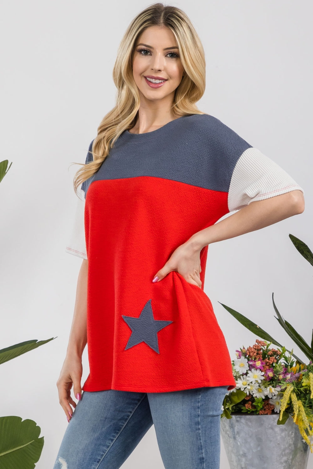 Celeste Full Size Ribbed Star Color Block T-Shirt Sunset and Swim   