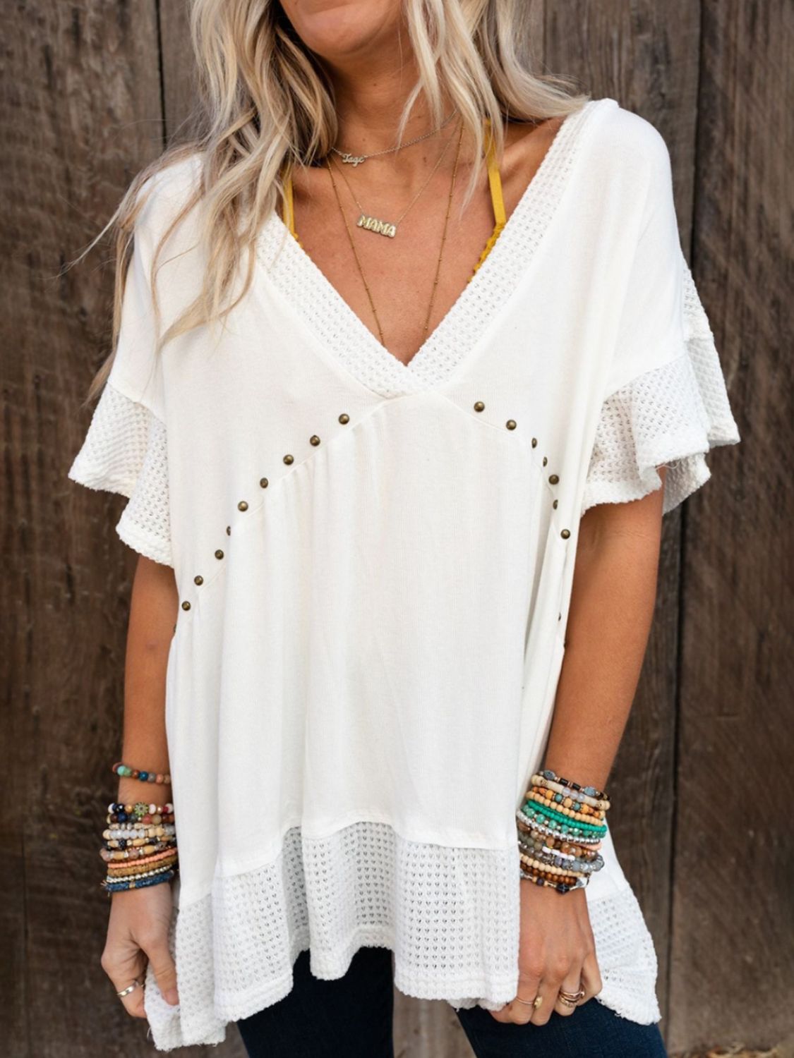 Studded V-Neck Half Sleeve Top Sunset and Swim White S 