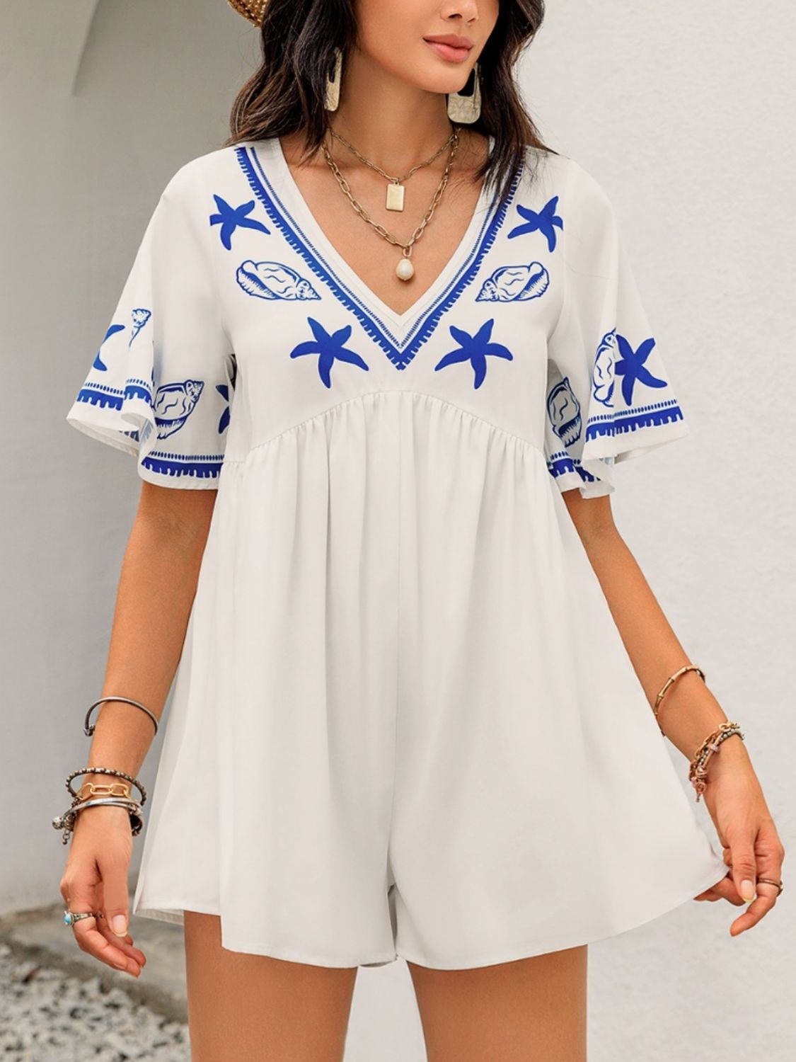 Printed V-Neck Half Sleeve Romper Sunset and Swim Cream S 