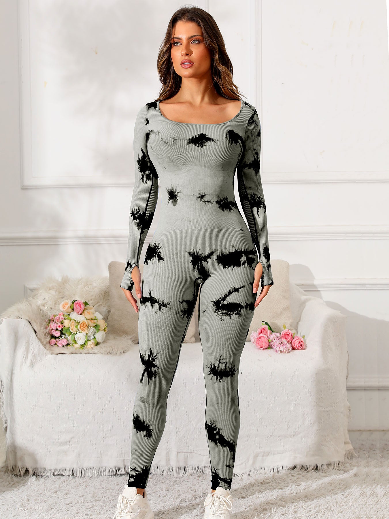 Scoop Neck Long Sleeve Active Jumpsuit Sunset and Swim Gray S 