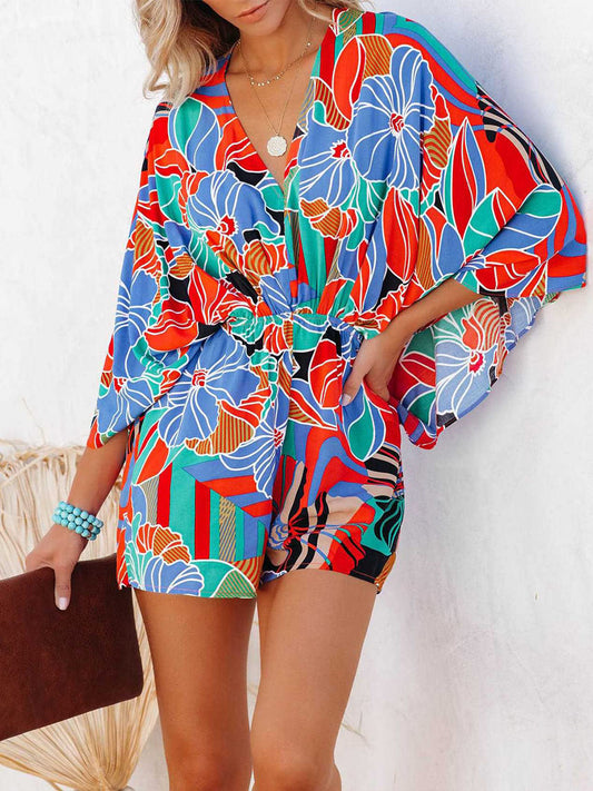 Tied Printed Kimono Sleeve Romper  Sunset and Swim Multicolor S 