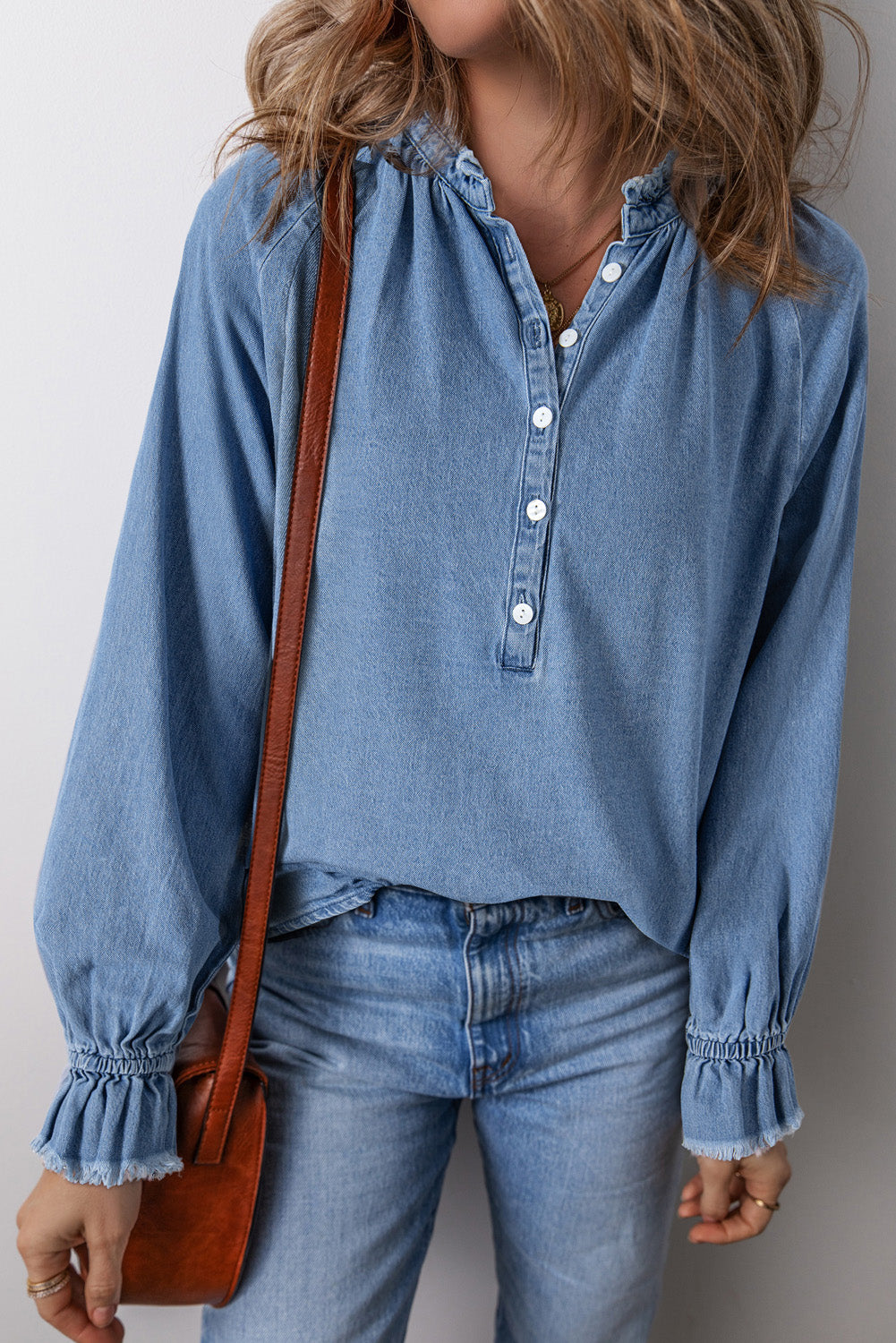 Half Button Long Sleeve Denim Top Sunset and Swim Light Blue S 