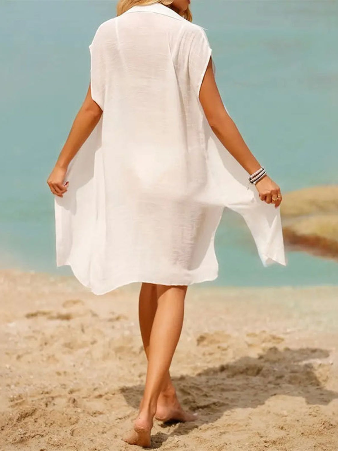 Slit Button Up Short Sleeve Cover-Up Sunset and Swim   