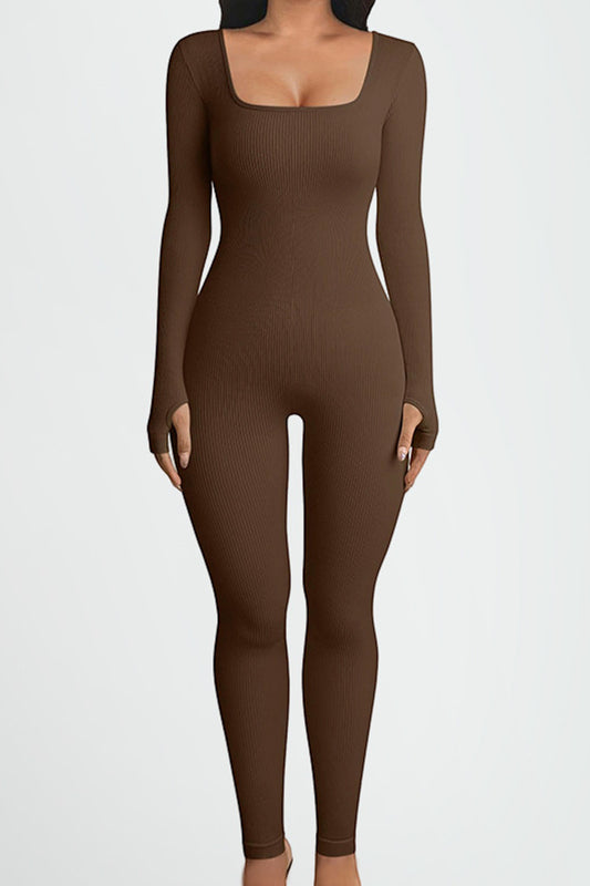 Square Neck Long Sleeve Active Jumpsuit Sunset and Swim Chocolate S 