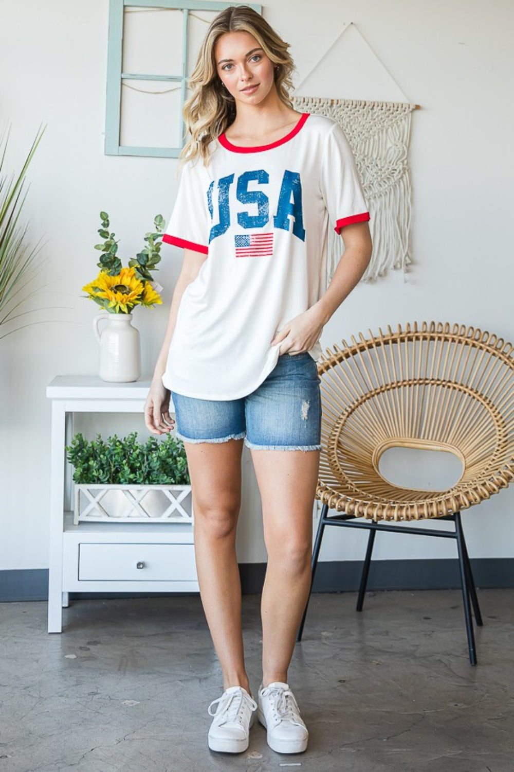 Plus Size USA Contrast Trim Short Sleeve T-Shirt Sunset and Swim   